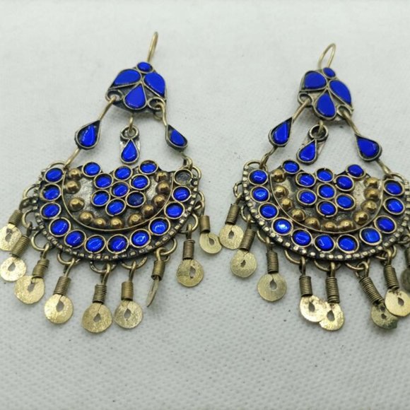 Glass Stones Kuchi Earrings With Dangling Tassels, Tribal Dangle Earrings - Picture 7 of 7